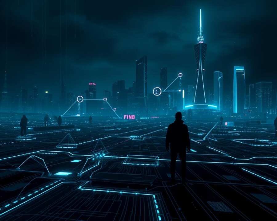 A dark, metallic cyber landscape illuminated by a grid of neon lines. In the foreground, a series of interconnected nodes and circuits representing the attack stages of the FIN8 hacker group's operations. The middle ground features ominous, shadowy figures orchestrating the attack, their movements reflected in the glowing data streams. In the background, a towering, futuristic cityscape with skyscrapers and towers pulsing with digital energy. An eerie, tense atmosphere pervades the scene, enhanced by dramatic chiaroscuro lighting and a moody color palette of blues, grays, and blacks. The overall impression is one of a sophisticated, technologically advanced cyber assault in progress.
