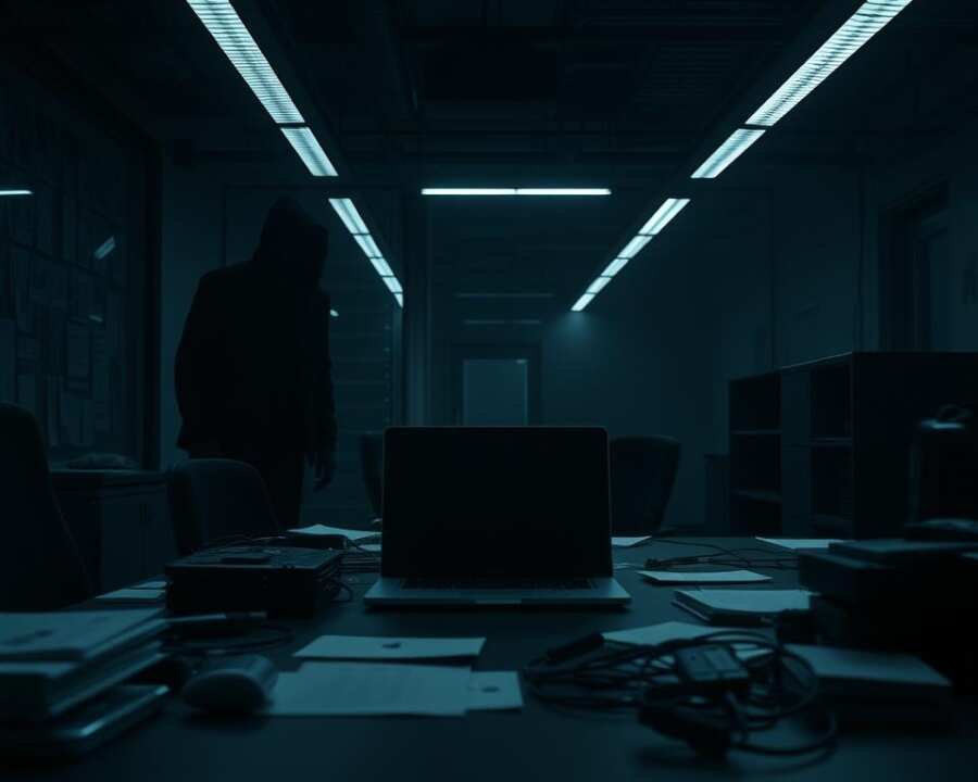 A dark, modern office interior with a lone laptop on a cluttered desk. A shadowy figure lurks in the background, their face obscured, as they orchestrate a complex social engineering phishing campaign. Dim lighting casts ominous shadows, creating an atmosphere of mystery and deception. The scene is captured through a wide-angle lens, emphasizing the vastness of the space and the isolation of the laptop. The color palette is muted, with a predominance of grays and blues, reflecting the technical nature of the subject matter. The overall mood is one of foreboding, hinting at the potential consequences of such a sophisticated attack.