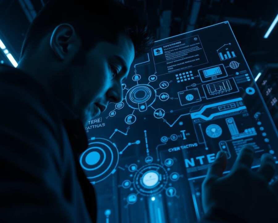 A dark, moody analysis of threat tactics, rendered in a cinematic, high-contrast style. In the foreground, a tactician examines a holographic display of complex data visualizations, their face illuminated by the eerie glow. The middle ground features a cluster of ominous symbols and icons, suggesting the intricate web of cyber threats. In the background, a shadowy network of servers and infrastructure, hinting at the scale and complexity of modern cyber warfare. The scene is bathed in cool, blue tones, creating a sense of unease and tension. The lighting is dramatic, with sharp shadows and highlights that emphasize the gravity of the subject matter. The camera angle is low, making the viewer feel immersed in the analytical process.