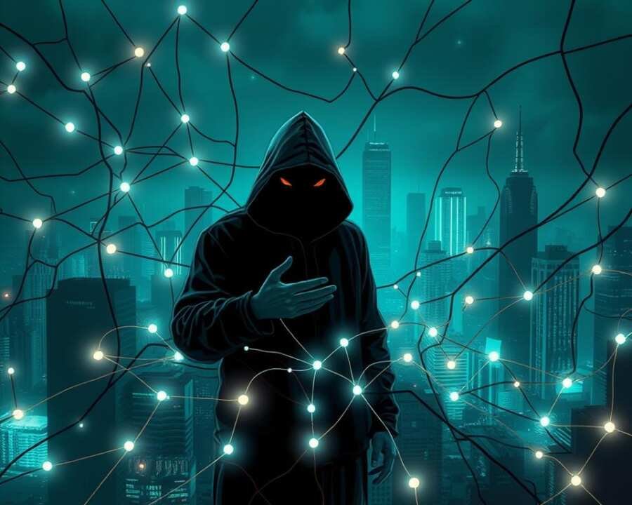 A dark, moody digital illustration depicting a complex network of zero-day exploit vulnerabilities. In the foreground, a tangled web of glowing lines and shapes representing various attack vectors, overlapping and converging. In the middle ground, a shadowy, hooded figure - the Mofang hacker group - manipulating the vulnerability network with their hands. In the background, a dystopian cityscape shrouded in an ominous, neon-tinged haze, suggesting the wide-ranging impact of these zero-day exploits. The scene is lit by an eerie, blue-green glow, creating an unsettling, high-tech atmosphere. The overall composition conveys a sense of danger, complexity, and the relentless, interconnected nature of modern cyber threats.