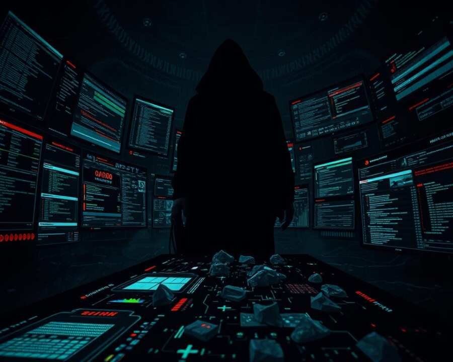 A dark, moody scene depicting the intricate web of state-sponsored cyber attribution. In the foreground, a complex array of cybersecurity dashboards, glowing with data visualizations and cryptic code. Looming in the background, a shadowy figure - the puppetmaster behind the attacks, obscured in layers of digital obfuscation. Scattered across the scene, fragments of digital evidence, breadcrumbs leading to a web of international connections. Dramatic chiaroscuro lighting casts dramatic shadows, creating a tense, ominous atmosphere. The camera angle is low, emphasizing the sense of scale and complexity of the subject matter. Overall, the image conveys the challenges and high stakes of untangling the attribution of state-sponsored cyber operations. A dark, moody scene depicting the intricate web of state-sponsored cyber attribution. In the foreground, a complex array of cybersecurity dashboards, glowing with data visualizations and cryptic code. Looming in the background, a shadowy figure - the puppetmaster behind the attacks, obscured in layers of digital obfuscation. Scattered across the scene, fragments of digital evidence, breadcrumbs leading to a web of international connections. Dramatic chiaroscuro lighting casts dramatic shadows, creating a tense, ominous atmosphere. The camera angle is low, emphasizing the sense of scale and complexity of the subject matter. Overall, the image conveys the challenges and high stakes of untangling the attribution of state-sponsored cyber operations.