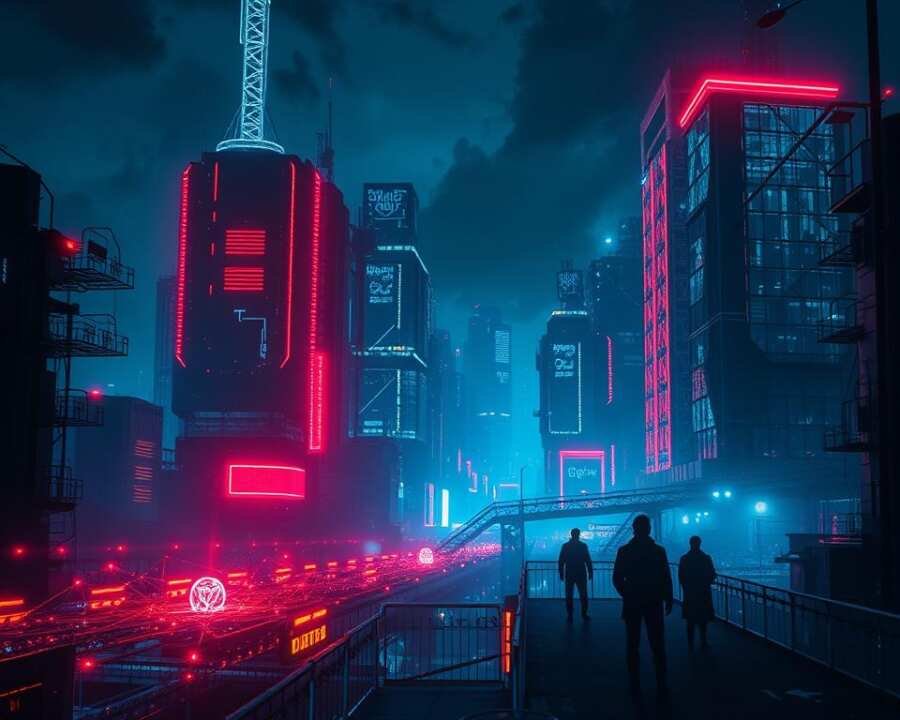 A dark, ominous cityscape at night, illuminated by the glow of futuristic cyber infrastructure. In the foreground, a complex web of glowing data streams and digital anomalies emerge, hinting at the presence of sophisticated cyber threats. The midground features towering cybersecurity firewalls and defensive systems, their intricate circuitry pulsing with energy. In the background, shadowy figures lurk, their sinister intentions obscured by a veil of digital obfuscation. The scene is bathed in an eerie, neon-tinged lighting, creating a sense of unease and the impending danger of emerging cyber attacks. The overall atmosphere conveys a future where the lines between the physical and digital worlds have become increasingly blurred, and the battle for digital security rages on.