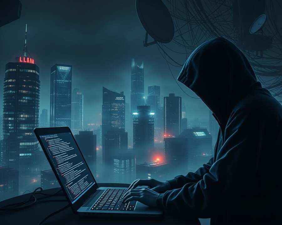 A dark, ominous cityscape at night, shrouded in a haze of digital fog. In the foreground, a hooded figure hunched over a laptop, fingers flying across the keyboard as streams of code and glowing interfaces flicker on the screen. In the middle ground, towering skyscrapers and data centers, their windows flickering with digital activity. In the background, a tangled web of cables and satellite dishes, casting an eerie glow across the scene. The air is charged with a sense of tension and unease, as if the very fabric of the digital world is under attack. Harsh, dramatic lighting casts long shadows, creating a moody, suspenseful atmosphere. The overall impression is one of a high-stakes cyber operation, a battle for control of the digital landscape. A dark, ominous cityscape at night, shrouded in a haze of digital fog. In the foreground, a hooded figure hunched over a laptop, fingers flying across the keyboard as streams of code and glowing interfaces flicker on the screen. In the middle ground, towering skyscrapers and data centers, their windows flickering with digital activity. In the background, a tangled web of cables and satellite dishes, casting an eerie glow across the scene. The air is charged with a sense of tension and unease, as if the very fabric of the digital world is under attack. Harsh, dramatic lighting casts long shadows, creating a moody, suspenseful atmosphere. The overall impression is one of a high-stakes cyber operation, a battle for control of the digital landscape.