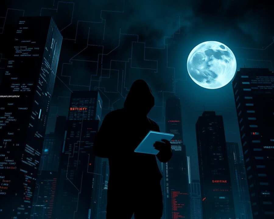 A dark, ominous cityscape at night, with a network of glowing lines and symbols pulsing across towering skyscrapers. In the foreground, a shadowy figure stands amidst cascading lines of code, their hands manipulating a sleek, futuristic device. The sky is lit by the eerie glow of a full moon, casting an ominous light over the scene. The atmosphere is tense and foreboding, suggesting the unfolding of a sophisticated cyber attack campaign. A sense of technological advancement and impending danger permeates the image, reflecting the subject of the "Poseidon Group hacker group APT analysis, attacks & tactics 2025" article.