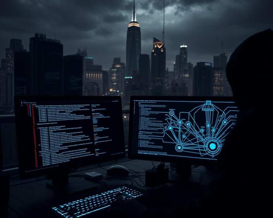 A dark, ominous cityscape at night, with a towering financial district in the background. In the foreground, a hacker's workstation comes into focus, with lines of code scrolling across multiple monitors. Intricate cybersecurity diagrams and network schematics are displayed, indicating a complex infiltration of the SWIFT banking system. The lighting is dramatic, with shadows cast across the scene, evoking a sense of tension and unease. The overall atmosphere conveys the gravity and high-stakes nature of the SWIFT network exploitation, as if the viewer is witnessing a sophisticated and potentially devastating cyber attack.