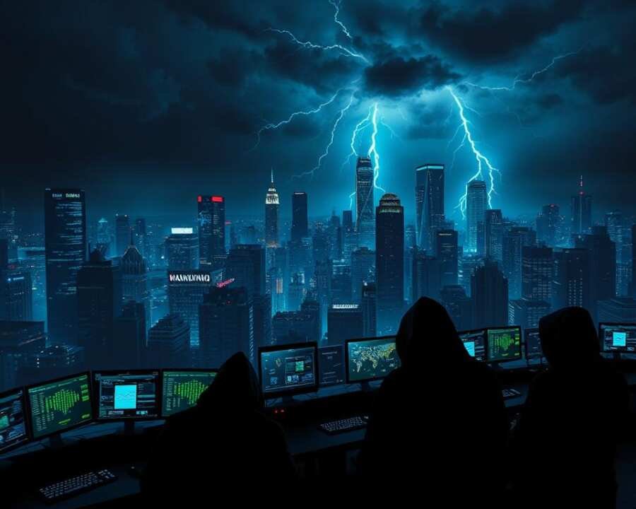 A dark, ominous cityscape at night, with a vast cybersecurity operations center in the foreground. Rows of workstations, holographic displays, and a massive central command screen showcase complex network visualizations, threat data, and real-time analytics. Shadows of hooded figures flicker across the screens, their fingers flying over keyboards as they track and counter a massive cyber attack unfolding across the city. Intense blue and green lighting casts an eerie glow, while a thunderstorm rages in the background, electricity crackling through the air. The atmosphere is tense, the stakes high, as the defenders fight to protect the critical infrastructure from the relentless onslaught of the Dark Caracal hacker group. A dark, ominous cityscape at night, with a vast cybersecurity operations center in the foreground. Rows of workstations, holographic displays, and a massive central command screen showcase complex network visualizations, threat data, and real-time analytics. Shadows of hooded figures flicker across the screens, their fingers flying over keyboards as they track and counter a massive cyber attack unfolding across the city. Intense blue and green lighting casts an eerie glow, while a thunderstorm rages in the background, electricity crackling through the air. The atmosphere is tense, the stakes high, as the defenders fight to protect the critical infrastructure from the relentless onslaught of the Dark Caracal hacker group.