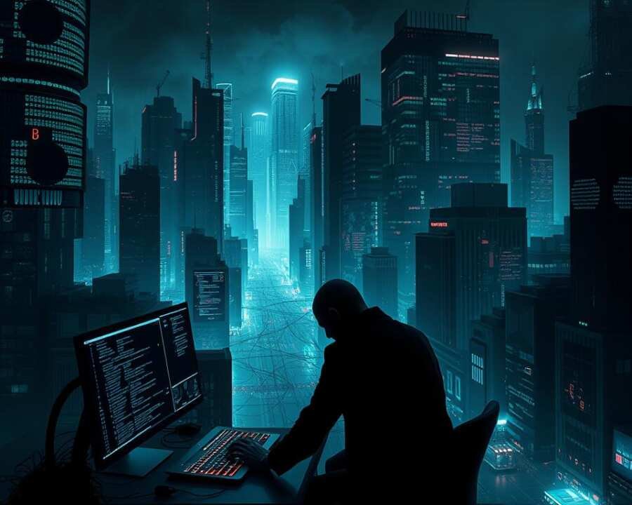 A dark, ominous cityscape illuminated by the eerie glow of digital screens and holographic displays. In the foreground, a shadowy figure hunched over a sleek, futuristic workstation, lines of code cascading across multiple monitors. The middle ground features a tangled web of interconnected devices, sensors, and cyber infrastructure, pulsing with electric energy. In the background, towering skyscrapers and data centers loom, their facades adorned with intricate patterns of binary and cryptographic symbols. The overall atmosphere is one of tension, complexity, and the constant threat of digital intrusion, reflecting the tactics and techniques employed by the APT5 hacker group.
