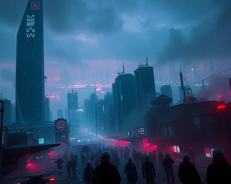 A dark, ominous cityscape of the future, shrouded in a hazy, neon-tinged atmosphere. In the foreground, a towering, angular skyscraper casts an imposing shadow, its facade peppered with glowing holographic displays and surveillance drones. The middle ground is a maze of futuristic hovercrafts and cybernetically enhanced pedestrians, their faces obscured by AR headsets and cyberpunk fashion. In the background, a glowing digital skyline stretches out, punctuated by the flickering lights of data centers and encrypted communication networks. The overall scene conveys a sense of technological advancement, but also the looming threat of cyber attacks and digital warfare.