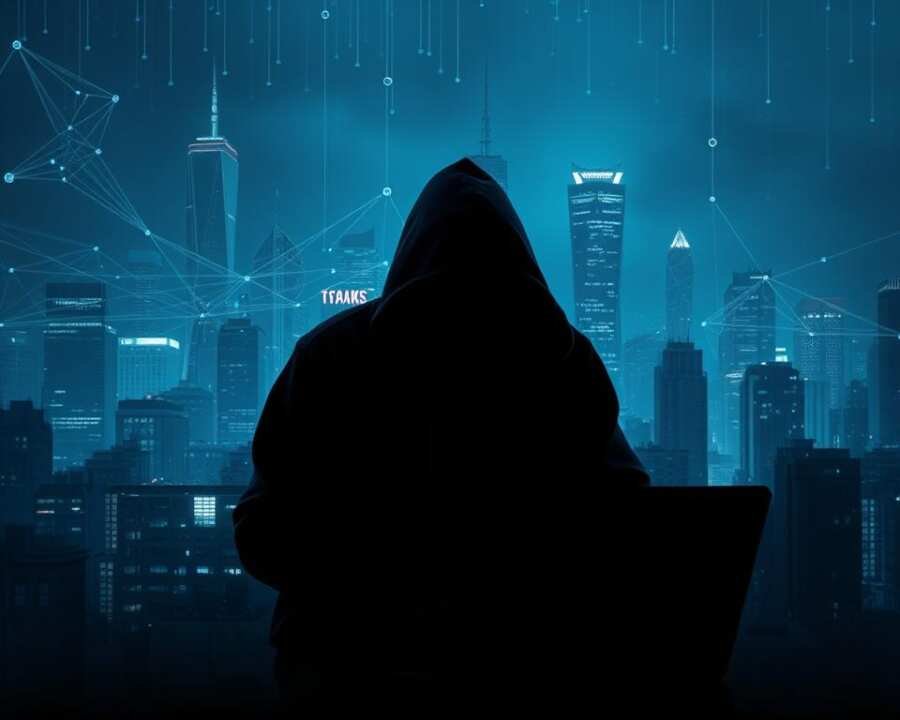 A dark, ominous cityscape shrouded in a haze of digital interference. In the foreground, a shadowy figure hunched over a laptop, their face obscured by a hooded sweatshirt. Behind them, a network of glowing lines and symbols pulsate, representing the complex web of cyber threats. In the distance, skyscrapers loom, their windows casting a sinister glow. The scene is lit by an eerie, bluish hue, conveying a sense of unease and the ever-present danger of persistent cybercrime. The image should evoke a feeling of tension and the relentless, infiltrating nature of the TA2541 hacker group's attacks. A dark, ominous cityscape shrouded in a haze of digital interference. In the foreground, a shadowy figure hunched over a laptop, their face obscured by a hooded sweatshirt. Behind them, a network of glowing lines and symbols pulsate, representing the complex web of cyber threats. In the distance, skyscrapers loom, their windows casting a sinister glow. The scene is lit by an eerie, bluish hue, conveying a sense of unease and the ever-present danger of persistent cybercrime. The image should evoke a feeling of tension and the relentless, infiltrating nature of the TA2541 hacker group's attacks.
