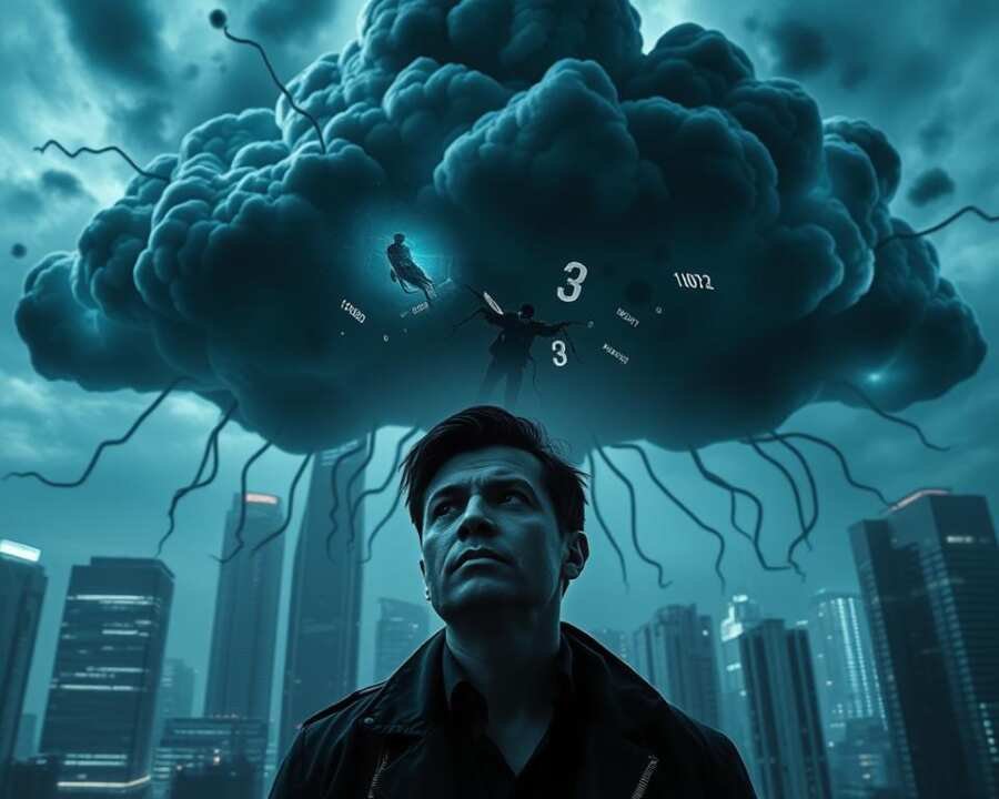 A dark, ominous cloud looms over a futuristic cityscape, its tendrils reaching towards sleek, high-rise buildings. Within the cloud, glimpses of binary code, scattered data, and sinister silhouettes hint at the cyber threats lurking within. In the foreground, a security specialist gazes up, brow furrowed, contemplating the vulnerabilities that Sowbug may exploit. The scene is shot with a wide-angle lens, capturing the scale and gravity of the situation, bathed in an eerie, bluish hue that evokes the cold, impersonal nature of digital attacks. Ominous yet realistic, this image conveys the critical need to address cloud security weaknesses before they are exploited by malicious actors.