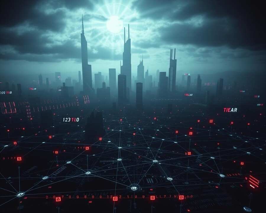A dark, ominous cyber landscape, illuminated by a grid of pulsing digital signals and glowing threat indicators. In the foreground, a network of interconnected nodes and lines representing the flow of data, with irregular spikes and anomalies hinting at potential breaches. The middle ground features a tangled web of binary code, cryptic symbols, and shifting patterns, suggesting the complex and ever-evolving nature of cyber threats. In the background, a towering, futuristic cityscape of sleek, angular buildings and towering structures, casting long shadows and creating a sense of scale and the vast, interconnected nature of the digital world. The lighting is dramatic, with harsh shadows and contrasting highlights, creating a sense of tension and urgency. The overall mood is one of foreboding and the need for vigilance in the face of cyber threats.
