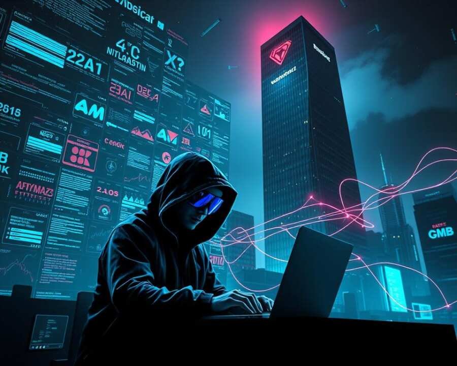 A dark, ominous cyberpunk landscape with a grid of holographic displays projecting various data streams, lines of code, and abstract glyphs. In the foreground, a hacker wearing a hooded jacket and face-obscuring goggles is hunched over a sleek, futuristic laptop, their fingers rapidly typing commands. Swirling around them are tendrils of digital energy, pulsing with an electric intensity. The background is dominated by a towering skyscraper, its façade adorned with the logo of a prominent multinational corporation, signifying the target of the hacker's cyber attack campaign. The lighting is a moody mixture of neon blues and reds, casting an eerie glow over the entire scene. The overall mood is one of technological prowess, digital intrusion, and the high-stakes battle for corporate data and control. A dark, ominous cyberpunk landscape with a grid of holographic displays projecting various data streams, lines of code, and abstract glyphs. In the foreground, a hacker wearing a hooded jacket and face-obscuring goggles is hunched over a sleek, futuristic laptop, their fingers rapidly typing commands. Swirling around them are tendrils of digital energy, pulsing with an electric intensity. The background is dominated by a towering skyscraper, its façade adorned with the logo of a prominent multinational corporation, signifying the target of the hacker's cyber attack campaign. The lighting is a moody mixture of neon blues and reds, casting an eerie glow over the entire scene. The overall mood is one of technological prowess, digital intrusion, and the high-stakes battle for corporate data and control.
