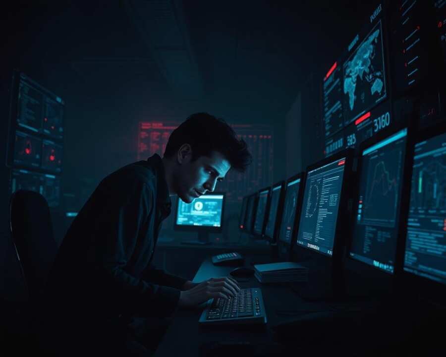 A dark, ominous cybersecurity research lab. In the foreground, a lone researcher hunches over a computer, fingers dancing across the keyboard, eyes narrowed with focus. Dim lighting casts eerie shadows, creating an atmosphere of unease and tension. In the middle ground, various security tools and monitors display complex data visualizations, hinting at the sophisticated threats being analyzed. The background is shrouded in a haze of digital interference, suggesting the presence of unseen dangers lurking in the virtual realm. The scene conveys the challenges and risks faced by those who dedicate their lives to safeguarding digital systems and exposing malicious actors.