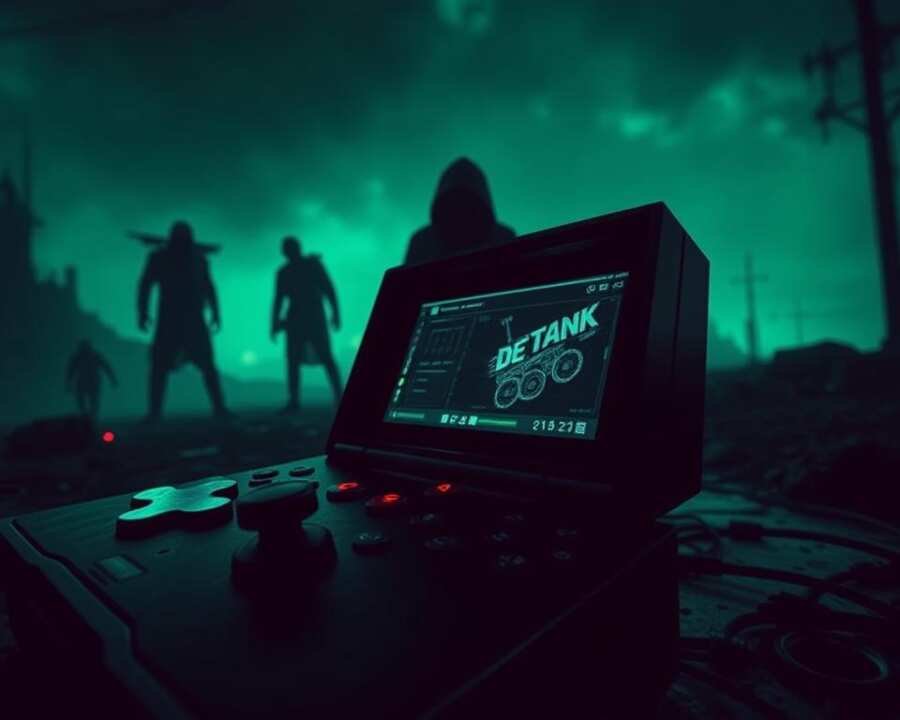A dark, ominous landscape where a malicious game serves as a sinister attack vector. In the foreground, a distorted and unsettling game console, its buttons and screens emitting an eerie glow. Shadowy figures lurk in the background, their movements reflecting the sinister intent of the "DeTankWar" malware. The scene is lit by a sickly, greenish hue, creating an atmosphere of unease and impending danger. The camera angle is tilted, adding to the sense of unbalance and unease. The overall mood is one of technological corruption and the subversion of something meant for entertainment into a weapon of digital warfare.
