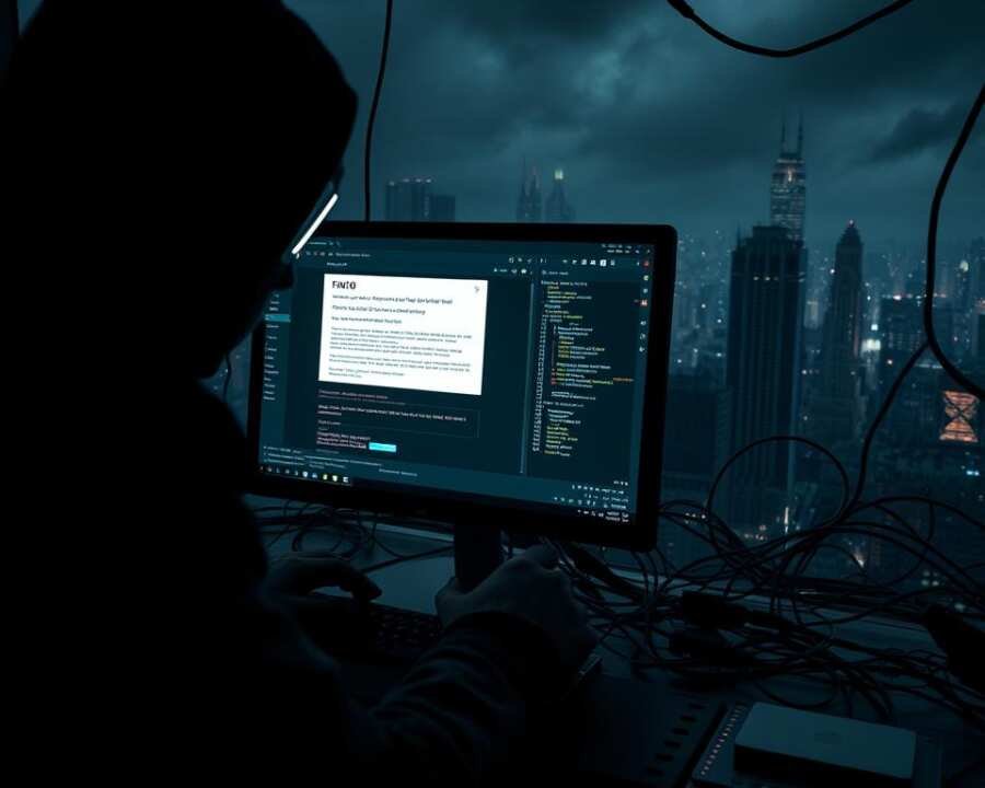 A dark, ominous scene of a computer screen displaying an AI-powered phishing attack. In the foreground, a shadowy figure manipulates the interface, their face obscured by a digital mask. The screen shows a sophisticated social engineering lure, designed to trick the victim into revealing sensitive information. The middle ground is filled with a tangle of digital cables and circuit boards, conveying the complexity of the hacking operation. In the background, a murky, dystopian cityscape looms, hinting at the broader scope of the FIN10 group's malicious activities. The lighting is dramatic, with deep shadows and harsh highlights, creating a sense of danger and unease. The overall atmosphere is one of techno-paranoia and the relentless, uncaring nature of cyber threats. A dark, ominous scene of a computer screen displaying an AI-powered phishing attack. In the foreground, a shadowy figure manipulates the interface, their face obscured by a digital mask. The screen shows a sophisticated social engineering lure, designed to trick the victim into revealing sensitive information. The middle ground is filled with a tangle of digital cables and circuit boards, conveying the complexity of the hacking operation. In the background, a murky, dystopian cityscape looms, hinting at the broader scope of the FIN10 group's malicious activities. The lighting is dramatic, with deep shadows and harsh highlights, creating a sense of danger and unease. The overall atmosphere is one of techno-paranoia and the relentless, uncaring nature of cyber threats.