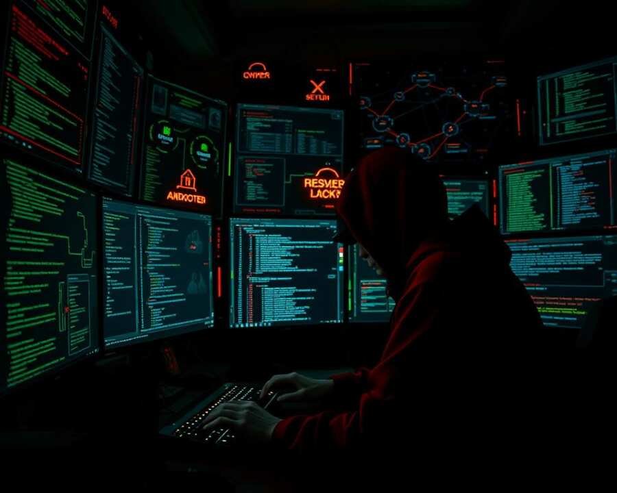 A dark, shadowy command center illuminated by the glow of multiple computer screens. In the foreground, a lone hacker hunched over a keyboard, fingers flying as they navigate a complex web of encrypted data. The background is a chaotic tangle of code, statistics, and maps tracking the spread of a malicious ransomware virus. Eerie green and red lighting casts an ominous glow, creating a sense of urgency and danger. Intricate technical details like system architecture diagrams and network topologies are visible, hinting at the sophisticated nature of the operation. The overall atmosphere is one of intensity, secrecy, and the relentless pursuit of illicit gains.