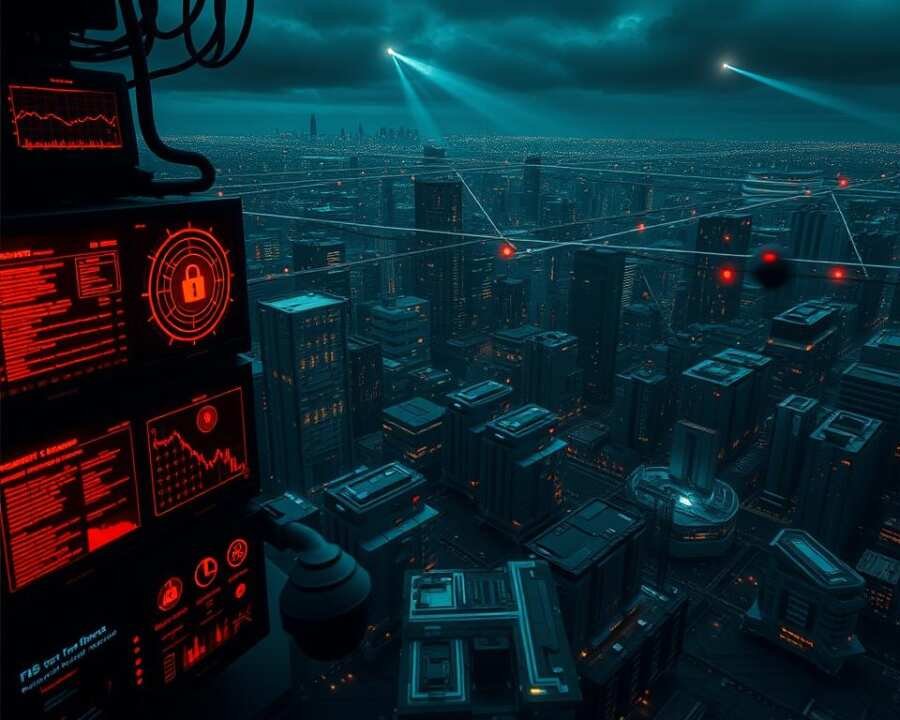 A dark, technical landscape depicting various indicators of malware detection. In the foreground, a series of digital readouts and security dashboards display real-time threat data, glowing with an ominous amber hue. Overlaid are graphical representations of malicious code, network connections, and suspicious system activity. The middle ground features a sprawling array of server racks, blinking lights, and surveillance cameras, all bathed in a cold, blue-green tint. In the background, a vast cityscape of skyscrapers and data centers stretches out, crisscrossed by beams of light representing data flows and cyber threats. The overall atmosphere is tense, foreboding, and technologically advanced, conveying the high-stakes nature of modern cybersecurity.