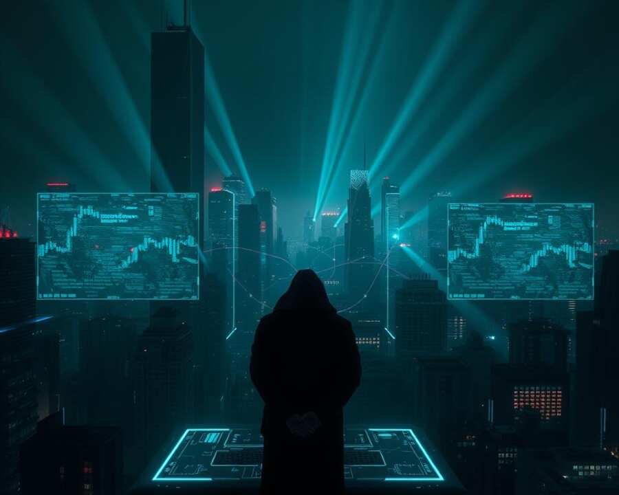 A darkened cityscape, with towering skyscrapers casting long shadows across the urban landscape. In the foreground, a series of holographic displays flicker and glitch, revealing fragmented financial data and encrypted code. The air is thick with tension, as if the very fabric of the digital infrastructure is unraveling. Beams of neon light pierce the gloom, casting an eerie glow over the scene. A lone figure, cloaked in shadow, stands at the center of the chaos, hands poised over a sleek, futuristic console. The mood is one of unease and uncertainty, hinting at the unseen forces that have breached the safeguards of the financial system. A darkened cityscape, with towering skyscrapers casting long shadows across the urban landscape. In the foreground, a series of holographic displays flicker and glitch, revealing fragmented financial data and encrypted code. The air is thick with tension, as if the very fabric of the digital infrastructure is unraveling. Beams of neon light pierce the gloom, casting an eerie glow over the scene. A lone figure, cloaked in shadow, stands at the center of the chaos, hands poised over a sleek, futuristic console. The mood is one of unease and uncertainty, hinting at the unseen forces that have breached the safeguards of the financial system.