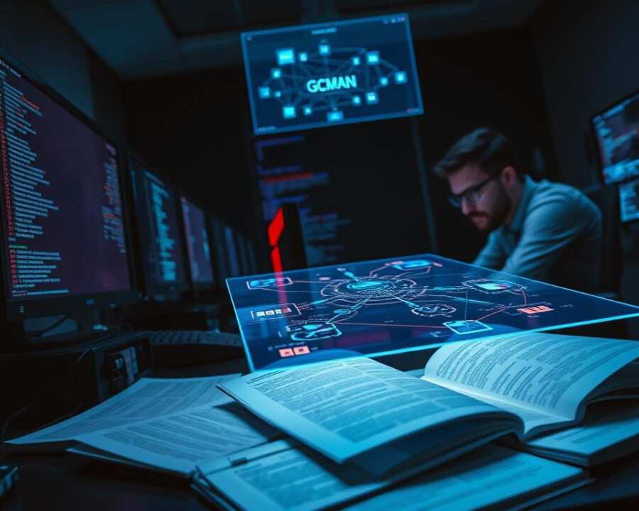 A darkened computer lab, the glow of monitors casting an eerie light on the faces of cybersecurity analysts poring over lines of code. In the foreground, a holographic display hovers, showcasing a complex network topology with indicators of a malicious intrusion. Scattered across the desk, a collection of case study documents, their pages illuminated by the soft blue hue of the displays. The atmosphere is tense, the air thick with the intensity of the investigation, as the team works to unravel the tactics and techniques of the notorious GCMAN hacker group, their targets and methods captured in vivid detail. Dramatic lighting accentuates the focus and determination of the team, their expressions grim as they piece together the puzzle of this high-stakes cyber attack. A darkened computer lab, the glow of monitors casting an eerie light on the faces of cybersecurity analysts poring over lines of code. In the foreground, a holographic display hovers, showcasing a complex network topology with indicators of a malicious intrusion. Scattered across the desk, a collection of case study documents, their pages illuminated by the soft blue hue of the displays. The atmosphere is tense, the air thick with the intensity of the investigation, as the team works to unravel the tactics and techniques of the notorious GCMAN hacker group, their targets and methods captured in vivid detail. Dramatic lighting accentuates the focus and determination of the team, their expressions grim as they piece together the puzzle of this high-stakes cyber attack.