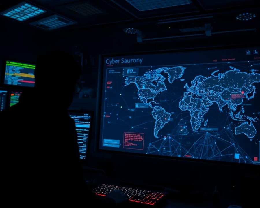 A darkened control room, illuminated by the glow of multiple holographic displays. In the foreground, a lone figure - a cyber analyst, their face obscured by shadows, intently studying lines of encrypted data. The middle ground reveals a network of interconnected nodes, pulsing with electric energy, hinting at the complex web of digital espionage. In the background, a three-dimensional map of the world, dotted with waypoints and surveillance icons, tracking the movements of unseen adversaries. The scene is charged with an atmosphere of unease and vigilance, capturing the essence of "ProjectSauron's Operational Security."