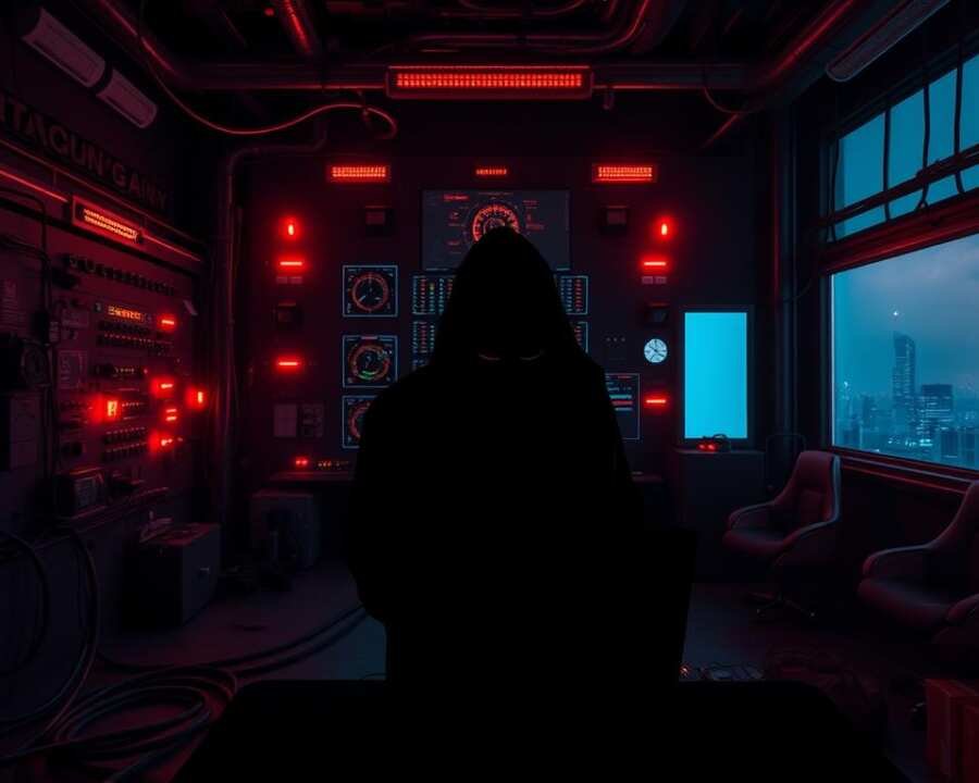 A darkened control room with a large, looming industrial control panel at the center. Flickering red warning lights cast an ominous glow, while cables and wires snake across the floor, symbolizing the interconnected nature of critical infrastructure. In the foreground, a shadowy figure, a faceless hacker, hovers over a laptop, their fingers rapidly typing commands. The background is hazy, with the faint outline of a cityscape visible through a window, underscoring the potential for widespread impact. The scene conveys a sense of urgency and vulnerability, highlighting the pressing need to address the growing threat of critical infrastructure cybersecurity risks. A darkened control room with a large, looming industrial control panel at the center. Flickering red warning lights cast an ominous glow, while cables and wires snake across the floor, symbolizing the interconnected nature of critical infrastructure. In the foreground, a shadowy figure, a faceless hacker, hovers over a laptop, their fingers rapidly typing commands. The background is hazy, with the faint outline of a cityscape visible through a window, underscoring the potential for widespread impact. The scene conveys a sense of urgency and vulnerability, highlighting the pressing need to address the growing threat of critical infrastructure cybersecurity risks.