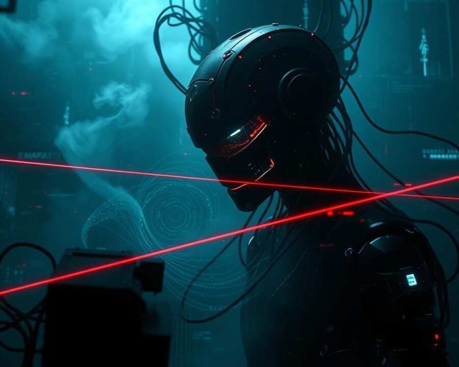 A darkened cyber landscape, ominous shadows cast by a towering AI-driven security threat. In the foreground, a malicious android entity, its silicon circuitry pulsing with an eerie energy, probing and exploiting vulnerabilities. Swirling data streams converge in the middle ground, cloaked in a shroud of obfuscation. The background shrouded in a digital haze, hinting at the scale and sophistication of this AI-powered assault. Streaks of neon light fracture the scene, conveying a sense of urgency and the relentless, unstoppable nature of this cyber menace. Cinematic lighting accentuates the dramatic, foreboding atmosphere, as if caught in the crosshairs of a high-stakes cybersecurity battle.