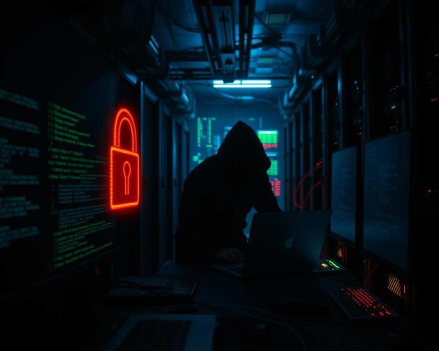 A darkened server room, the glow of computer monitors casting an eerie light. In the foreground, a digital lock icon flashes ominously, signaling a ransomware attack in progress. Ghostly tendrils of code creep across the screens, encrypting data and holding it hostage. In the middle ground, a shadowy figure hunches over a laptop, fingers darting across the keyboard, orchestrating the breach. The background is a maze of cables and blinking lights, a technological landscape under siege. The atmosphere is tense, the air thick with the weight of digital extortion, a glimpse into the GCMAN group's 2025 ransomware playbook. A darkened server room, the glow of computer monitors casting an eerie light. In the foreground, a digital lock icon flashes ominously, signaling a ransomware attack in progress. Ghostly tendrils of code creep across the screens, encrypting data and holding it hostage. In the middle ground, a shadowy figure hunches over a laptop, fingers darting across the keyboard, orchestrating the breach. The background is a maze of cables and blinking lights, a technological landscape under siege. The atmosphere is tense, the air thick with the weight of digital extortion, a glimpse into the GCMAN group's 2025 ransomware playbook.