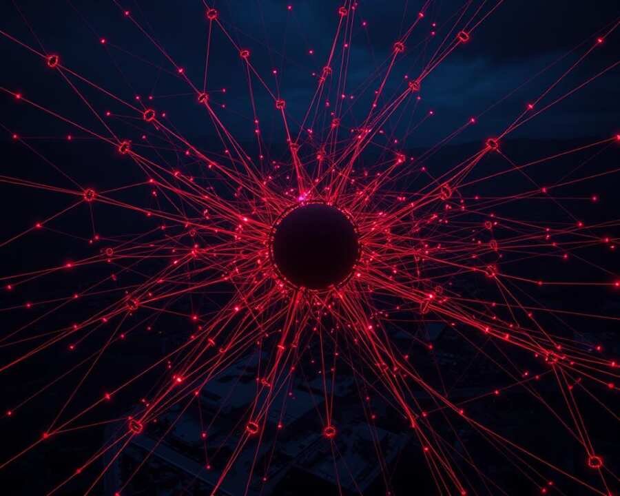 A densely connected network of cybercriminal groups, with the Cobalt Group (GOLD KINGSWOOD) at the center. Intricate lines and nodes in shades of red, orange, and purple, suggesting the complex web of alliances, collaborations, and shared tactics. The backdrop is a dark, ominous landscape, hinting at the clandestine nature of these activities. The scene is captured with a cinematic, high-contrast lighting, creating a sense of tension and foreboding. The overall composition conveys the interconnected and dynamic nature of the cybercrime ecosystem, with the Cobalt Group as a key player.