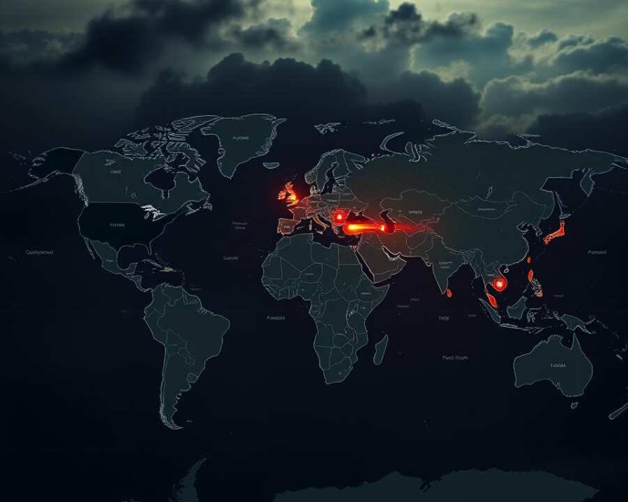 A detailed, high-resolution map depicting the global geographic regions and economic sectors targeted by the Russian APT28 hacker group, also known as IRON TWILIGHT. The map is rendered in a muted, military-inspired color palette, with borders and landmasses sharply delineated. Key target regions are highlighted with glowing, pulsing indicators, conveying the precise, strategic nature of APT28's cyber operations. The map is backlit by a dramatic, ominous sky, hinting at the shadowy and sophisticated nature of the group's activities. The overall impression is one of authority, precision, and a sense of the far-reaching, geopolitical implications of APT28's cyber warfare.