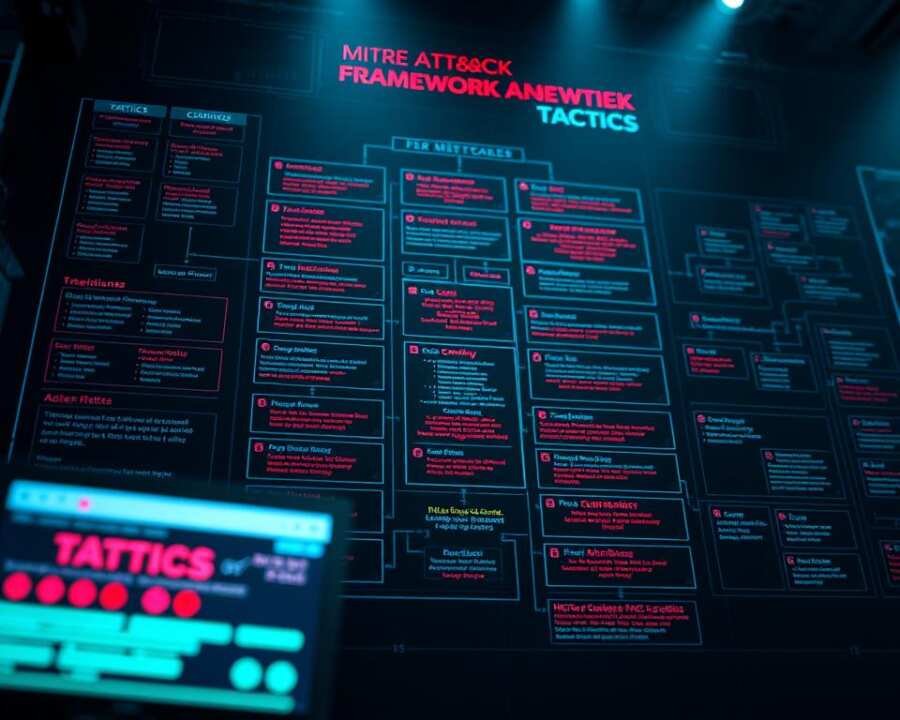A detailed, technical diagram showcasing the MITRE ATT&CK framework tactics. The image is rendered in a dark, digital aesthetic with a futuristic, neon-tinged color palette. The tactics are depicted as modular, interconnected components arranged in a grid-like layout, conveying the framework's structured and comprehensive nature. The overall composition emphasizes the framework's depth and complexity, capturing its role as a comprehensive cybersecurity tool. Dramatic lighting and shadows create a sense of depth and emphasis, while a slightly low camera angle lends an authoritative perspective. The image should be suitable for use in a cybersecurity-focused article on hacker group analysis and tactics.