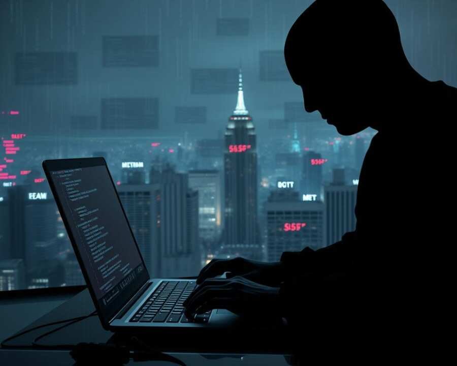 A detailed timeline of financial theft incidents, depicted as a cinematic scene. In the foreground, a shadowy figure types furiously at a laptop, lines of code cascading across the screen. In the middle ground, news headlines and financial data charts flutter, conveying the scale and impact of the attacks. The background is a cityscape shrouded in a digital haze, suggesting the far-reaching consequences of these cyber crimes. Dramatic lighting casts an ominous tone, while a sense of urgency and tension permeates the scene. The overall composition suggests the relentless, interconnected nature of financial theft, as the timeline unfolds across the frame. A detailed timeline of financial theft incidents, depicted as a cinematic scene. In the foreground, a shadowy figure types furiously at a laptop, lines of code cascading across the screen. In the middle ground, news headlines and financial data charts flutter, conveying the scale and impact of the attacks. The background is a cityscape shrouded in a digital haze, suggesting the far-reaching consequences of these cyber crimes. Dramatic lighting casts an ominous tone, while a sense of urgency and tension permeates the scene. The overall composition suggests the relentless, interconnected nature of financial theft, as the timeline unfolds across the frame.