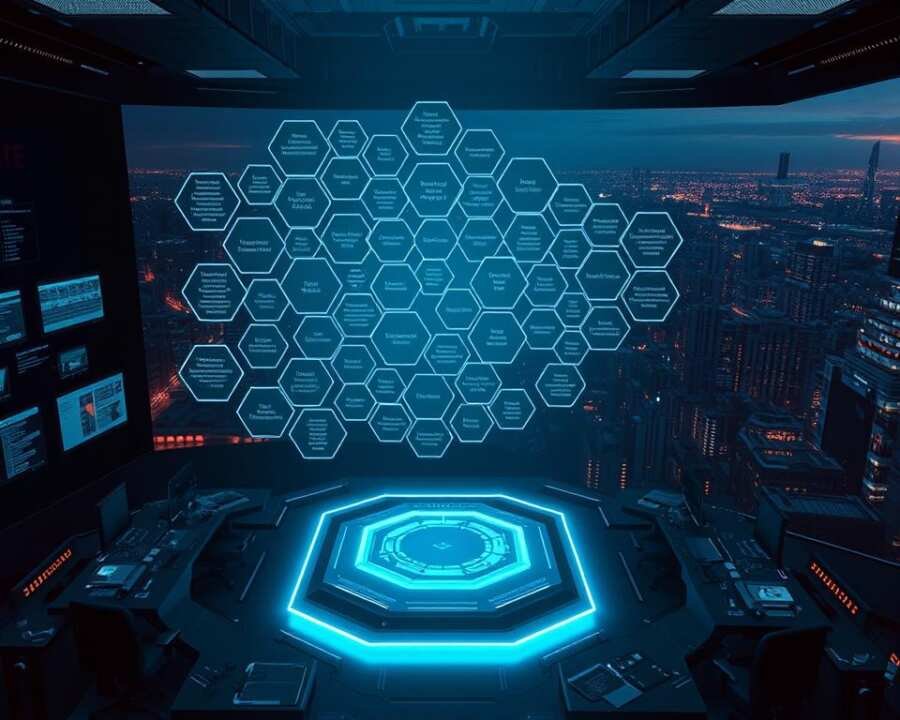 A detailed visualization of the MITRE ATT&CK framework techniques, showcasing a complex array of interconnected hexagonal nodes representing the diverse tactics, techniques, and procedures utilized by cyber adversaries. The foreground features a central, high-contrast holographic display projecting a 3D model of the framework, its various elements illuminated by a cool, blue-toned lighting scheme. The middle ground depicts a dark, futuristic control room setting, with sleek, minimalist workstations and displays reflecting the framework's data. In the background, a vast, layered cityscape stretches out, hinting at the widespread impact and application of the MITRE ATT&CK framework in the cybersecurity landscape. A detailed visualization of the MITRE ATT&CK framework techniques, showcasing a complex array of interconnected hexagonal nodes representing the diverse tactics, techniques, and procedures utilized by cyber adversaries. The foreground features a central, high-contrast holographic display projecting a 3D model of the framework, its various elements illuminated by a cool, blue-toned lighting scheme. The middle ground depicts a dark, futuristic control room setting, with sleek, minimalist workstations and displays reflecting the framework's data. In the background, a vast, layered cityscape stretches out, hinting at the widespread impact and application of the MITRE ATT&CK framework in the cybersecurity landscape.