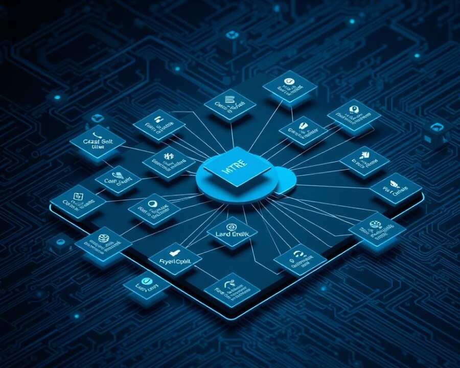 A detailed visualization of the MITRE ATT&CK framework, with its various techniques depicted as interconnected nodes against a dark, technical backdrop. The framework is presented in a sleek, isometric perspective, illuminated by cool, bluish lighting that highlights the complexity and interconnectedness of the different techniques. The nodes are rendered in a minimalist, schematic style, with clean lines and subtle gradients, conveying a sense of order and structure within the framework. The overall composition is balanced and visually striking, effectively communicating the depth and nuance of the MITRE ATT&CK model. A detailed visualization of the MITRE ATT&CK framework, with its various techniques depicted as interconnected nodes against a dark, technical backdrop. The framework is presented in a sleek, isometric perspective, illuminated by cool, bluish lighting that highlights the complexity and interconnectedness of the different techniques. The nodes are rendered in a minimalist, schematic style, with clean lines and subtle gradients, conveying a sense of order and structure within the framework. The overall composition is balanced and visually striking, effectively communicating the depth and nuance of the MITRE ATT&CK model.
