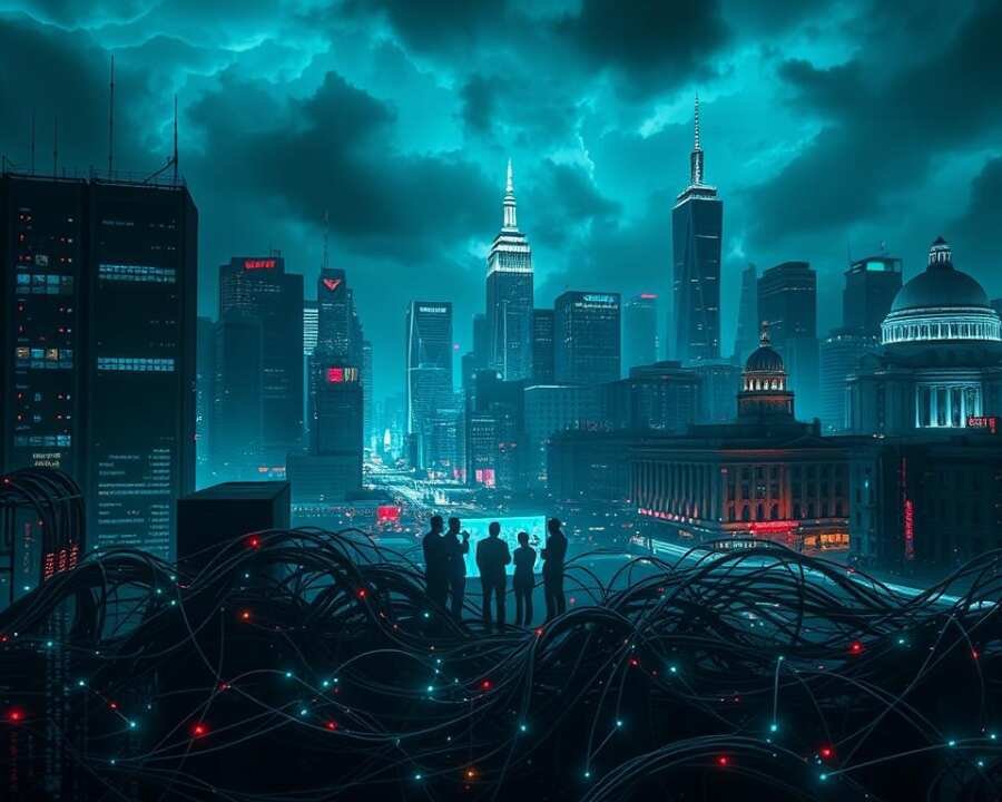 A digital cityscape at night, backlit by a stormy sky. In the foreground, a tangled web of neon-lit data cables and servers, symbolizing the interconnected global networks that enable cybercrime alliances. In the middle ground, shadowy figures huddled around holographic displays, coordinating their illicit activities. In the background, towering skyscrapers and government buildings, their facades obscured by digital interference, suggesting the infiltration of geopolitical power structures. The scene is bathed in an eerie, ominous glow, creating a sense of unease and the unseen forces at play.