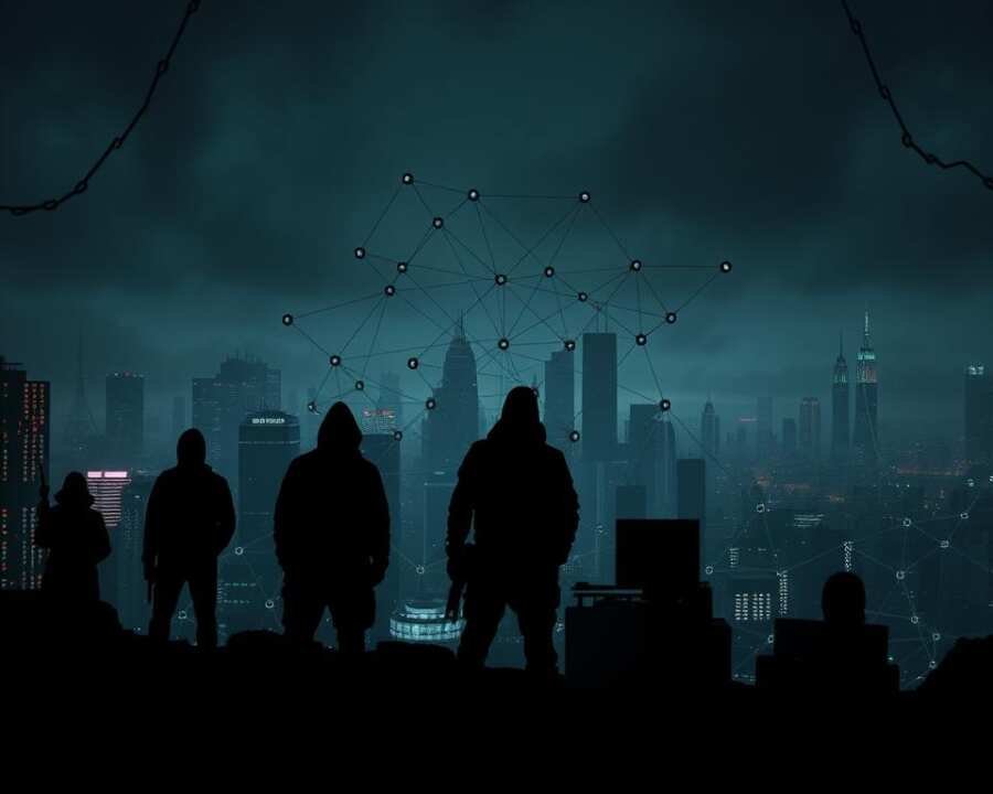 A digital landscape depicting a comparison of notorious threat actor groups. In the foreground, distinct silhouettes of cybercriminal organizations stand out against a dimly lit backdrop, each with a unique visual representation. The middle ground features a network of interconnected nodes and lines, symbolizing the complex web of their cyber operations. In the background, a shadowy cityscape sets the ominous tone, hinting at the widespread impact of their activities. Dramatic low-angle lighting casts dramatic shadows, emphasizing the menacing nature of these adversaries. The overall composition conveys a sense of foreboding and the need for heightened vigilance against these formidable foes.