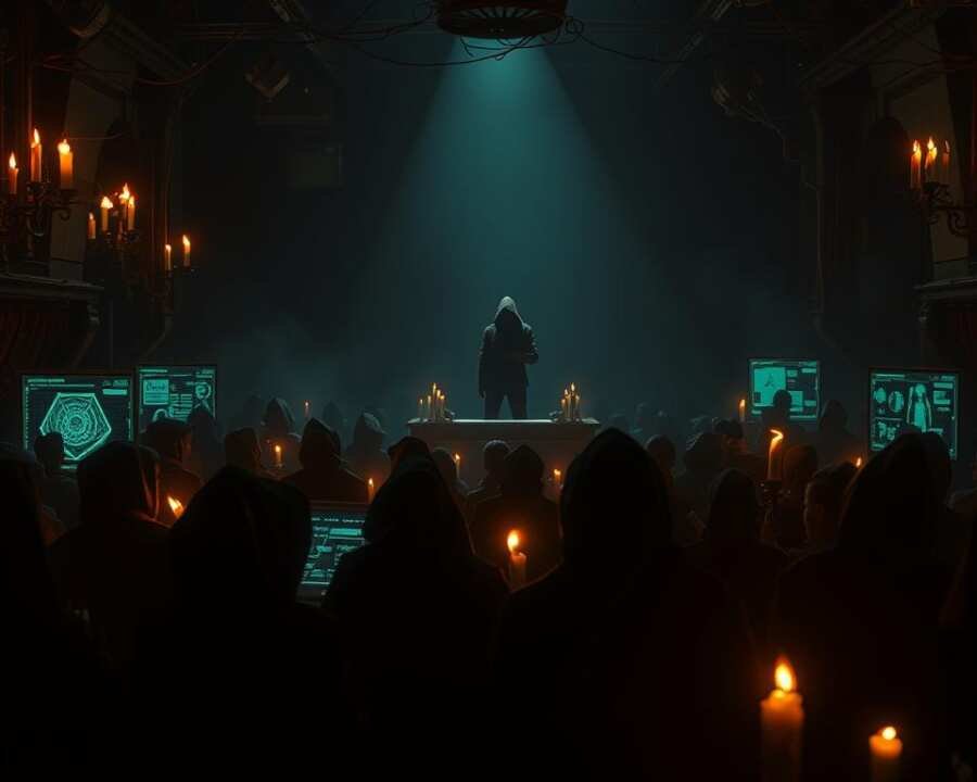 A dimly lit auction house, shadows cast from flickering candles. In the foreground, a tense crowd of hooded figures bidding silently on holographic displays, their faces obscured. The air crackles with an air of secrecy and danger. In the middle ground, a lone auctioneer stands on a raised dais, gesturing towards the items up for sale - schematics, digital wallets, and other illicit wares from the dark web. The background is shrouded in darkness, hinting at the larger criminal underground. The scene is lit by a moody chiaroscuro lighting, creating an atmosphere of unease and mystery.