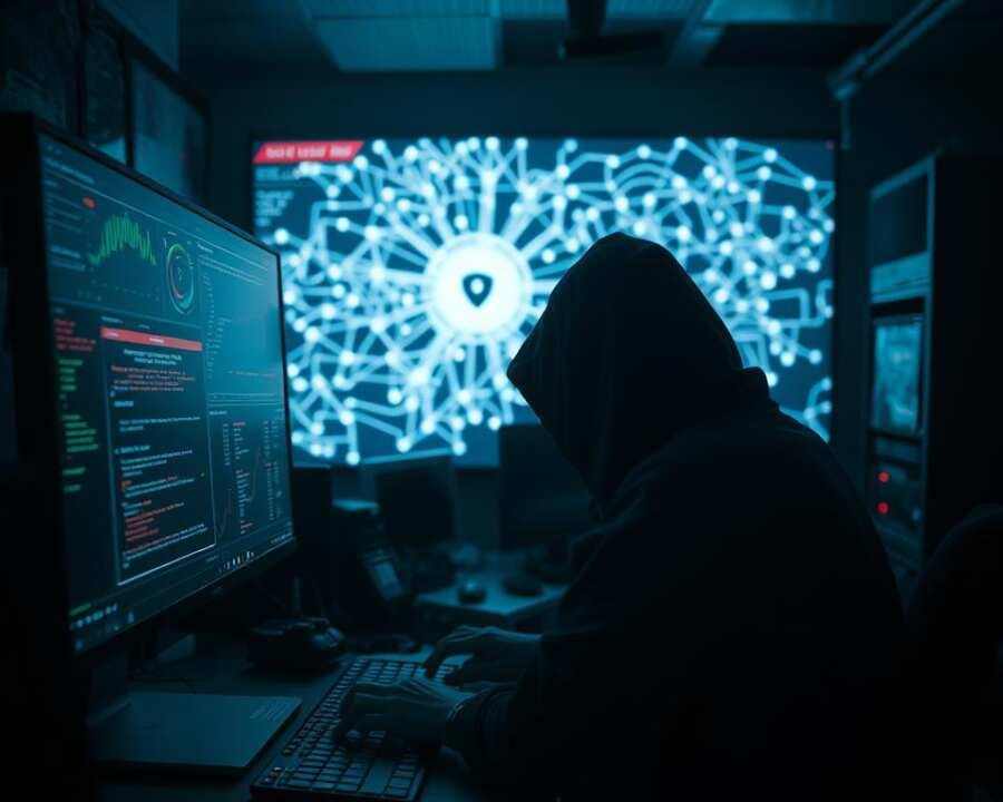 A dimly lit computer lab, with a hacker's workstation in the foreground. On the screen, a complex interface displaying various security metrics and vulnerability analysis tools. In the middle ground, an abstract visualization of data flows and network connections, representing the complex infrastructure of a targeted organization. In the background, a shadowy figure, their face obscured, hunched over a keyboard, symbolizing the stealth and anonymity of the hacker's tactics. The scene conveys a sense of tension and technical sophistication, reflecting the sophisticated nature of the credential theft techniques employed by the IRON TWILIGHT group.