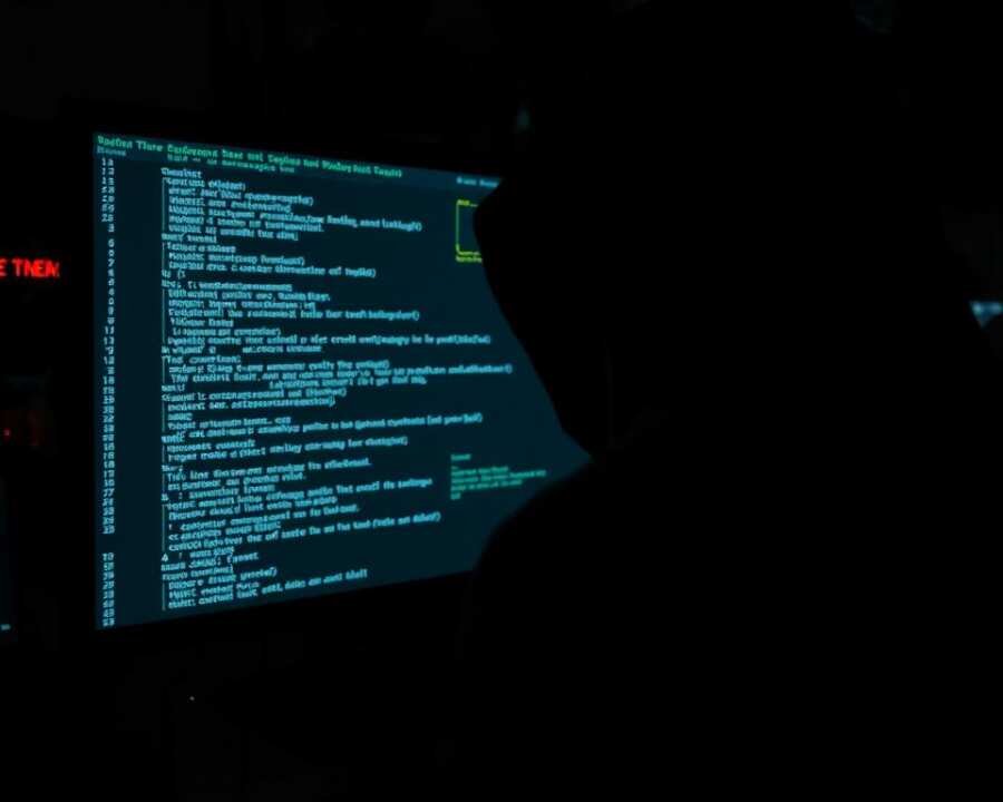 A dimly lit computer screen displaying intricate lines of code, hinting at the complex web of malware evasion techniques. In the foreground, a shadowy figure examines the screen, their face obscured by a hood, conveying a sense of mystery and the illicit nature of their work. The background is shrouded in darkness, with hints of technological infrastructure faintly visible, creating an atmosphere of secrecy and the high-stakes world of cyber operations. The lighting is dramatic, casting deep shadows and highlighting the intensity of the scene. The overall mood is one of suspense and the dangerous allure of hacking and malware evasion.