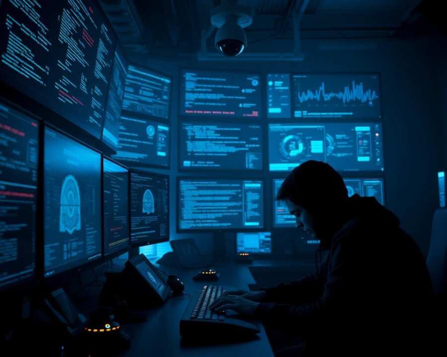 A dimly lit control room, the glow of multiple screens casting an eerie blue hue over the space. In the foreground, a lone figure hunched over a keyboard, fingers flying with intense focus. Surrounding them, a complex web of data visualizations, encrypted communications, and shadowy iconography emblematic of cyber espionage. The atmosphere is tense, ominous, conveying the high-stakes nature of this digital underworld. Overhead, a lone surveillance camera watches, a constant reminder of the ever-present threat of detection. The scene is bathed in an ominous, low-key lighting, heightening the sense of mystery and danger. The overall mood is one of unease, power, and the relentless pursuit of sensitive information. A dimly lit control room, the glow of multiple screens casting an eerie blue hue over the space. In the foreground, a lone figure hunched over a keyboard, fingers flying with intense focus. Surrounding them, a complex web of data visualizations, encrypted communications, and shadowy iconography emblematic of cyber espionage. The atmosphere is tense, ominous, conveying the high-stakes nature of this digital underworld. Overhead, a lone surveillance camera watches, a constant reminder of the ever-present threat of detection. The scene is bathed in an ominous, low-key lighting, heightening the sense of mystery and danger. The overall mood is one of unease, power, and the relentless pursuit of sensitive information.