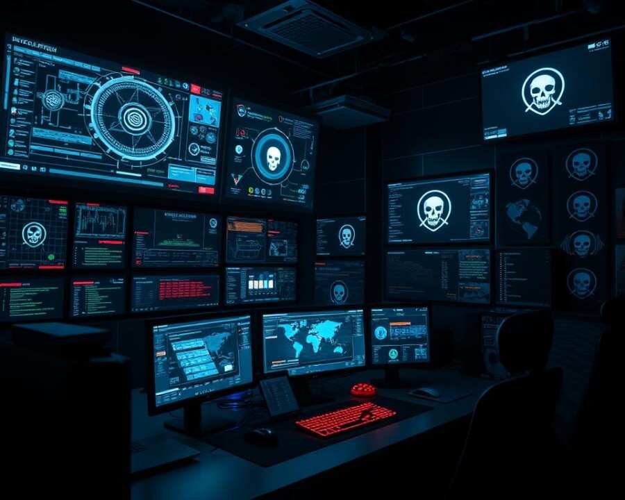 A dimly lit control room with multiple holographic displays and screens, showcasing intricate data visualizations and real-time threat monitoring. The operator's workstation is adorned with various cybersecurity tools and dark web monitoring software, casting an eerie glow across the shadowy environment. Ominous hacker symbols and glyphs are faintly visible in the background, alluding to the ever-present danger of the dark web. The scene is illuminated by a mix of cool blue and ominous red lighting, creating a tense and foreboding atmosphere. The camera angle is slightly elevated, giving a sense of authority and control over the sophisticated surveillance system. A dimly lit control room with multiple holographic displays and screens, showcasing intricate data visualizations and real-time threat monitoring. The operator's workstation is adorned with various cybersecurity tools and dark web monitoring software, casting an eerie glow across the shadowy environment. Ominous hacker symbols and glyphs are faintly visible in the background, alluding to the ever-present danger of the dark web. The scene is illuminated by a mix of cool blue and ominous red lighting, creating a tense and foreboding atmosphere. The camera angle is slightly elevated, giving a sense of authority and control over the sophisticated surveillance system.
