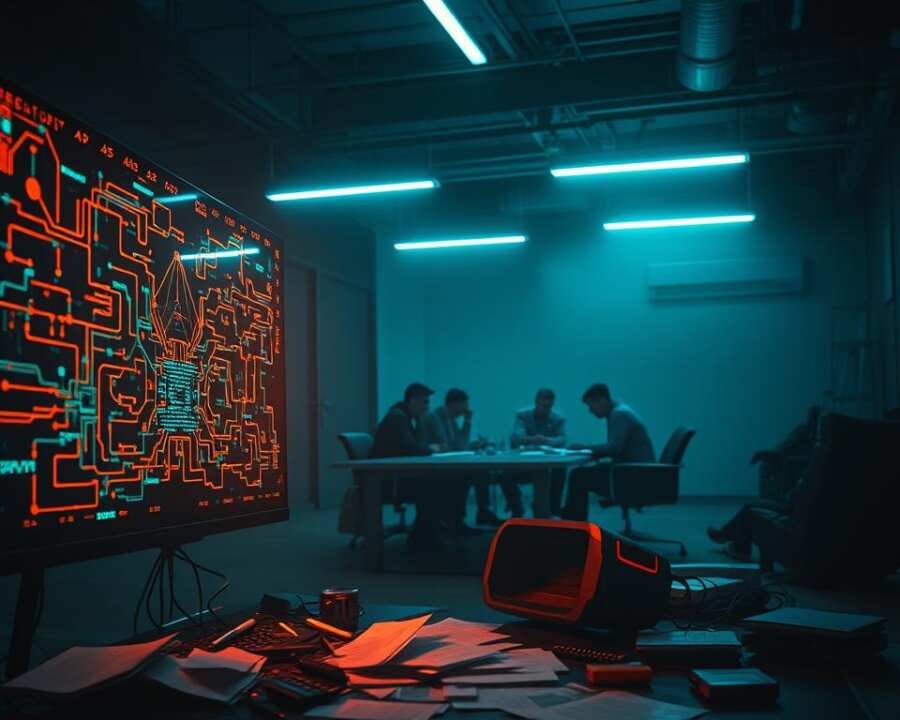 A dimly lit corporate office, the air thick with tension. In the foreground, a glowing computer screen displays a complex network diagram, lines pulsing with ominous intent. Scattered papers and toppled office supplies suggest a frantic, disrupted environment. In the middle ground, a security team huddled around a conference table, faces etched with concern as they pore over reports. The background casts long shadows, a sense of unease permeating the scene. Harsh fluorescent lighting casts an eerie glow, highlighting the gravity of the situation. The overall atmosphere conveys the significant impact of a major cyber attack on organizational security.