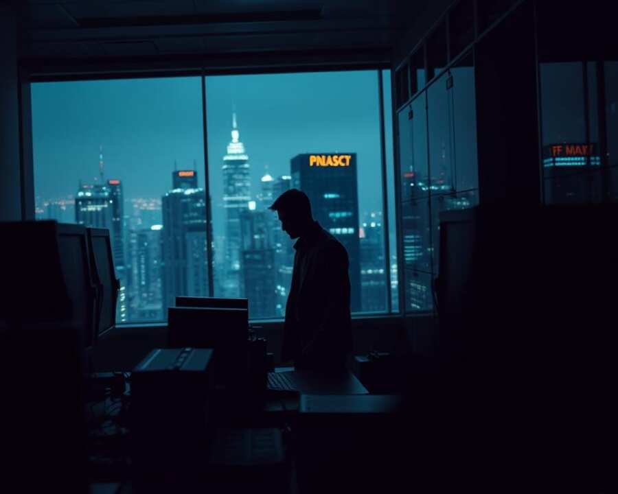 A dimly lit corporate office, the air thick with tension. In the foreground, a lone figure hunched over a computer screen, their movements furtive and suspicious. The middle ground reveals a team of security analysts, brows furrowed as they pore over data streams, seeking the telltale signs of an insider threat. In the background, the city skyline looms, a maze of glass and steel, a reflection of the complex web of corporate espionage. Crisp, high-contrast lighting casts deep shadows, amplifying the sense of danger and unease. A Leica-style lens captures the scene with a cinematic quality, hinting at the high-stakes game of cat and mouse unfolding before us.