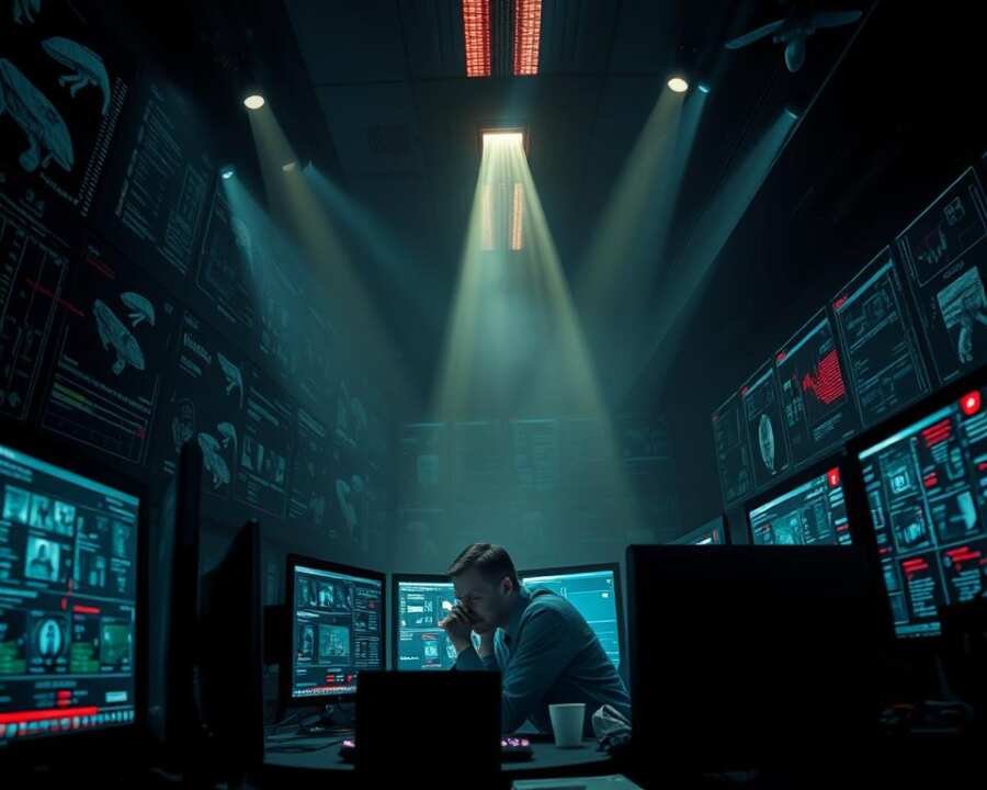 A dimly lit corporate office, the walls adorned with digital security schematics and surveillance footage. In the center, an analyst hunched over a bank of screens, their eyes narrowed in concentration as they study anomalous network activity. The atmosphere is tense, the air thick with the weight of a potential insider threat. Beams of light from the screens cast an eerie glow, illuminating the analyst's face, which is etched with a mix of determination and unease. The scene is a study in contrast - the sleek, modern technology juxtaposed with the palpable sense of unease and the need to remain vigilant against those who would seek to exploit it. A dimly lit corporate office, the walls adorned with digital security schematics and surveillance footage. In the center, an analyst hunched over a bank of screens, their eyes narrowed in concentration as they study anomalous network activity. The atmosphere is tense, the air thick with the weight of a potential insider threat. Beams of light from the screens cast an eerie glow, illuminating the analyst's face, which is etched with a mix of determination and unease. The scene is a study in contrast - the sleek, modern technology juxtaposed with the palpable sense of unease and the need to remain vigilant against those who would seek to exploit it.