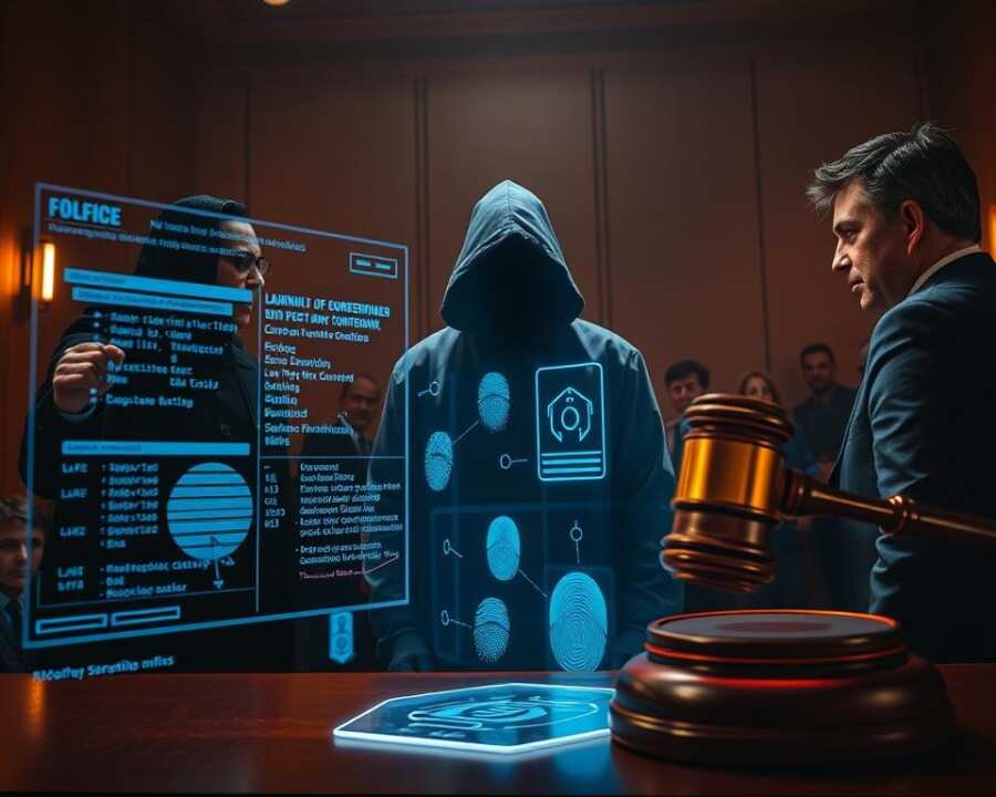 A dimly lit courtroom, the judge's gavel poised to strike, as law enforcement officers apprehend a hooded figure representing a cybercriminal. In the foreground, a 3D holographic display showcases forensic evidence, lines of code, and digital fingerprints. The middle ground features lawyers and prosecutors engaged in a tense legal battle, their expressions reflecting the gravity of the situation. The background depicts the silhouettes of onlookers, a symbolic representation of the public's demand for justice against the growing threat of cybercrime. The scene is illuminated by a warm, focused lighting, emphasizing the high-stakes nature of the proceedings. The overall atmosphere conveys a sense of determination and the unwavering pursuit of accountability in the digital age. A dimly lit courtroom, the judge's gavel poised to strike, as law enforcement officers apprehend a hooded figure representing a cybercriminal. In the foreground, a 3D holographic display showcases forensic evidence, lines of code, and digital fingerprints. The middle ground features lawyers and prosecutors engaged in a tense legal battle, their expressions reflecting the gravity of the situation. The background depicts the silhouettes of onlookers, a symbolic representation of the public's demand for justice against the growing threat of cybercrime. The scene is illuminated by a warm, focused lighting, emphasizing the high-stakes nature of the proceedings. The overall atmosphere conveys a sense of determination and the unwavering pursuit of accountability in the digital age.