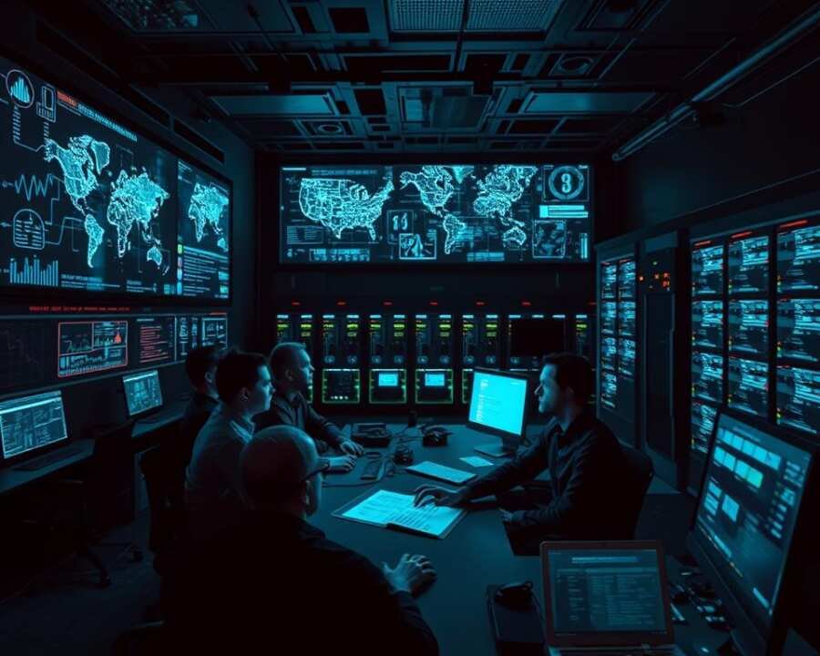 A dimly lit cyber security command center, the walls adorned with holographic displays showcasing intricate network diagrams and threat intelligence data. In the foreground, a team of analysts intently studying the information, their faces illuminated by the glow of their workstations. The middle ground features a large central console, where a cybersecurity expert is meticulously coordinating defensive strategies, their hands darting across a touch-enabled interface. In the background, a vast array of servers and monitoring equipment hum softly, creating an atmosphere of focused intensity. The lighting is a mix of cool blues and greens, reflecting the high-tech nature of the environment. The overall scene conveys a sense of vigilance and preparedness in the face of advanced cyber threats.