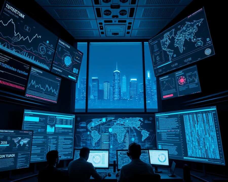 A dimly lit cyber security operations center, with various holographic displays showcasing network traffic patterns, threat intelligence, and anomaly detection algorithms. In the foreground, a team of analysts intently studying the screens, their faces illuminated by the glow of the displays. The middle ground features an imposing firewall, its intricate circuitry pulsing with data. In the background, a cityscape of skyscrapers is visible through the windows, symbolizing the ever-evolving cyber threats faced by modern enterprises. The scene is bathed in a cool, blue-tinted lighting, creating a sense of tension and urgency. The overall atmosphere conveys the challenges of real-time threat detection and the constant vigilance required to protect against cyber attacks.