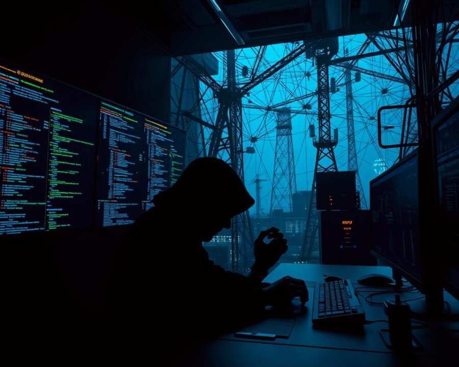 A dimly lit cyber warfare command center, with sleek screens displaying lines of code and complex network diagrams. In the foreground, a shadowy figure sits at a desk, fingers dancing across a keyboard, orchestrating a series of targeted Darkhotel cyber attacks. The background is a tangled web of servers, routers, and communication towers, representing the global reach and sophistication of the DUBNIUM hacker group. The scene is bathed in an ominous, blue-tinged lighting, creating an atmosphere of tension and high-stakes digital espionage.