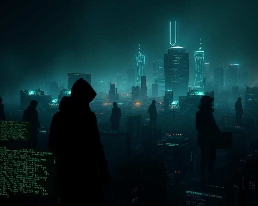 A dimly lit cyberpunk landscape, where the silhouettes of hackers and their targets are obscured by a haze of digital obfuscation. In the foreground, lines of code and binary data swirl, casting an eerie glow across the scene. The middle ground is dominated by a tangled web of interconnected devices, their origins and ownership unclear. In the background, towering skyscrapers and data centers loom, their true purpose shrouded in mystery. The atmosphere is one of uncertainty and unease, reflecting the challenges of attribution in the complex world of cyber espionage.