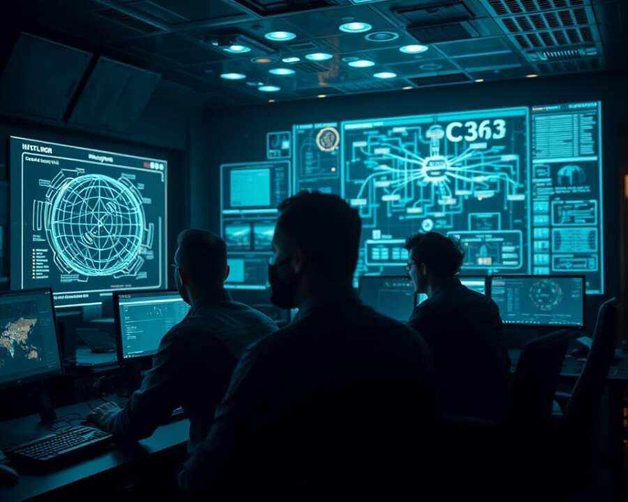 A dimly lit cybersecurity command center, with holographic displays projecting intricate diagrams of geolocation filtering and process hollowing techniques. Sleek, cutting-edge workstations are manned by a team of analysts, their faces illuminated by the soft glow of monitors. In the background, a large screen showcases a network topology, highlighting the complex interplay of systems and protocols. The atmosphere is tense, with a sense of urgency as the team works to unravel the tactics, techniques, and procedures employed by the elusive APT-C-36 hacker group. The scene is captured through a cinematic lens, emphasizing the high-stakes nature of the cyber threat landscape.
