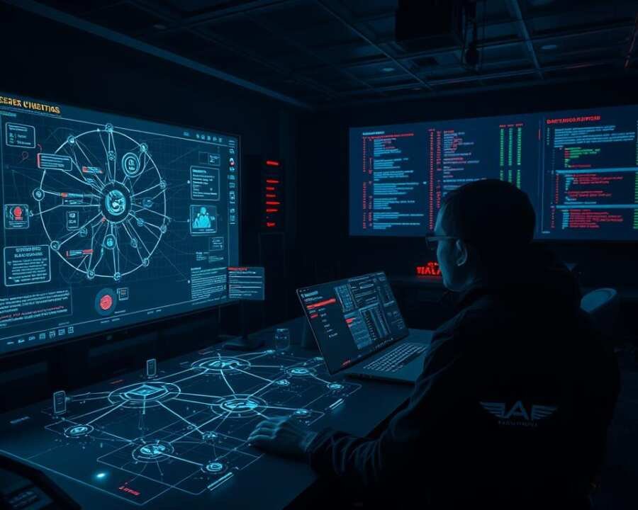 A dimly lit cybersecurity control room, the air thick with tension. In the foreground, a skilled analyst examines a complex network diagram, tracing evasive hacker movements. Scattered holographic displays showcase various evasion tactics - obfuscated code, encrypted traffic, and stealthy malware maneuvers. The middle ground features a large projection screen, displaying real-time threat data and anomaly detection algorithms. The background is shrouded in shadows, hinting at the elusive Molerats group's ever-evolving techniques. Cinematic lighting casts dramatic shadows, emphasizing the high-stakes battle between defenders and adversaries. An atmosphere of determination and vigilance pervades the scene, capturing the essence of the "Evasion Techniques and Detection Challenges" faced in modern cybersecurity.